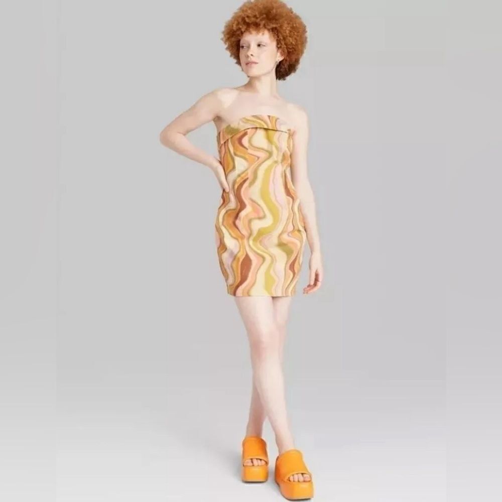 Wild Fable Women's Twill Tube Bodycon Dress Multi Color Wave Size Small NEW - Picture 2 of 6